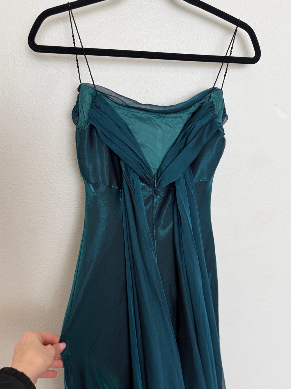 Y2K Dark Teal Satin Cowl Neck Midi Dress Beaded Strap Formal - Picture 5 of 13